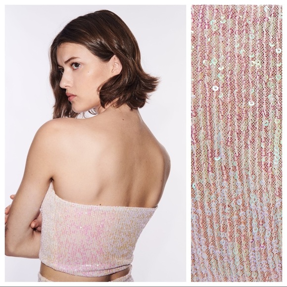 NWT. Zara Cream/Pink Sequinned Crop Top. Size M. - Picture 6 of 13